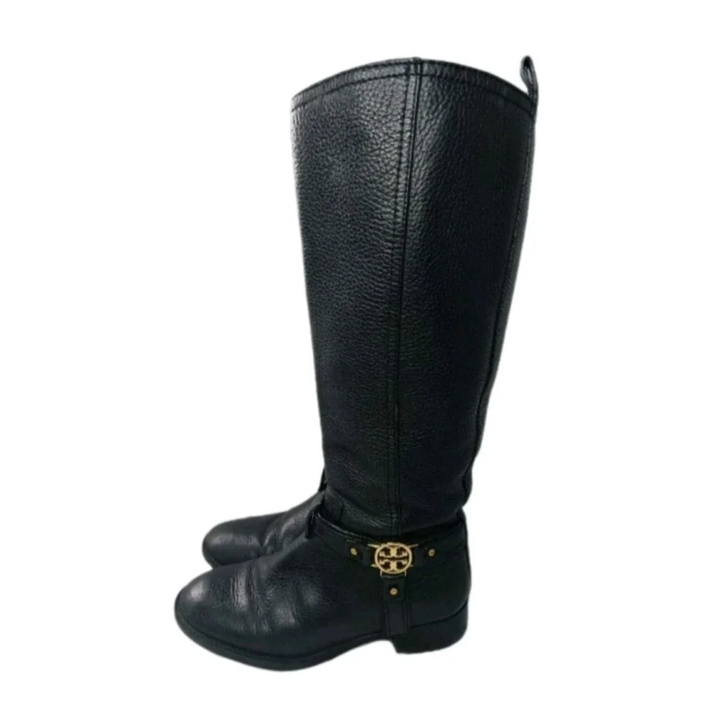 Tory Burch Black Leather Riding Boots Women's Size 5 M Gold Logo Accent